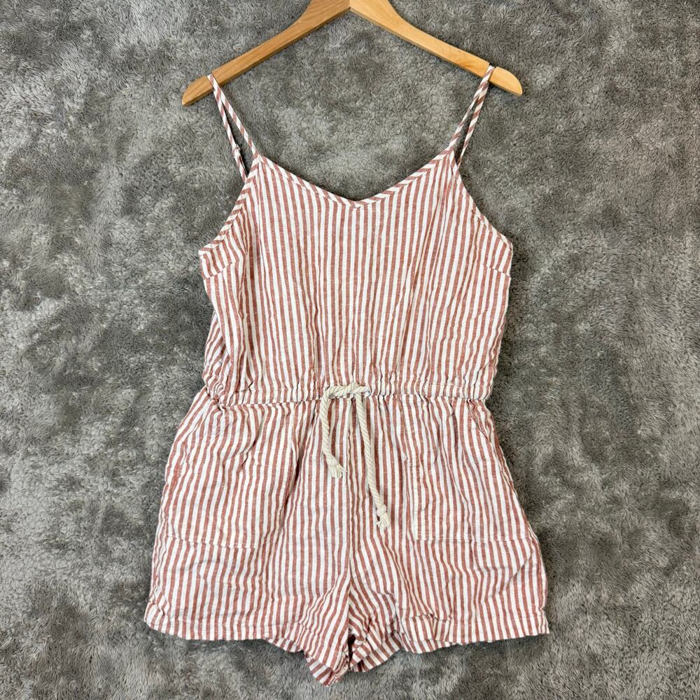 Thread and Supply Stripe Romper L Large Linen Blend Drawstring Waist